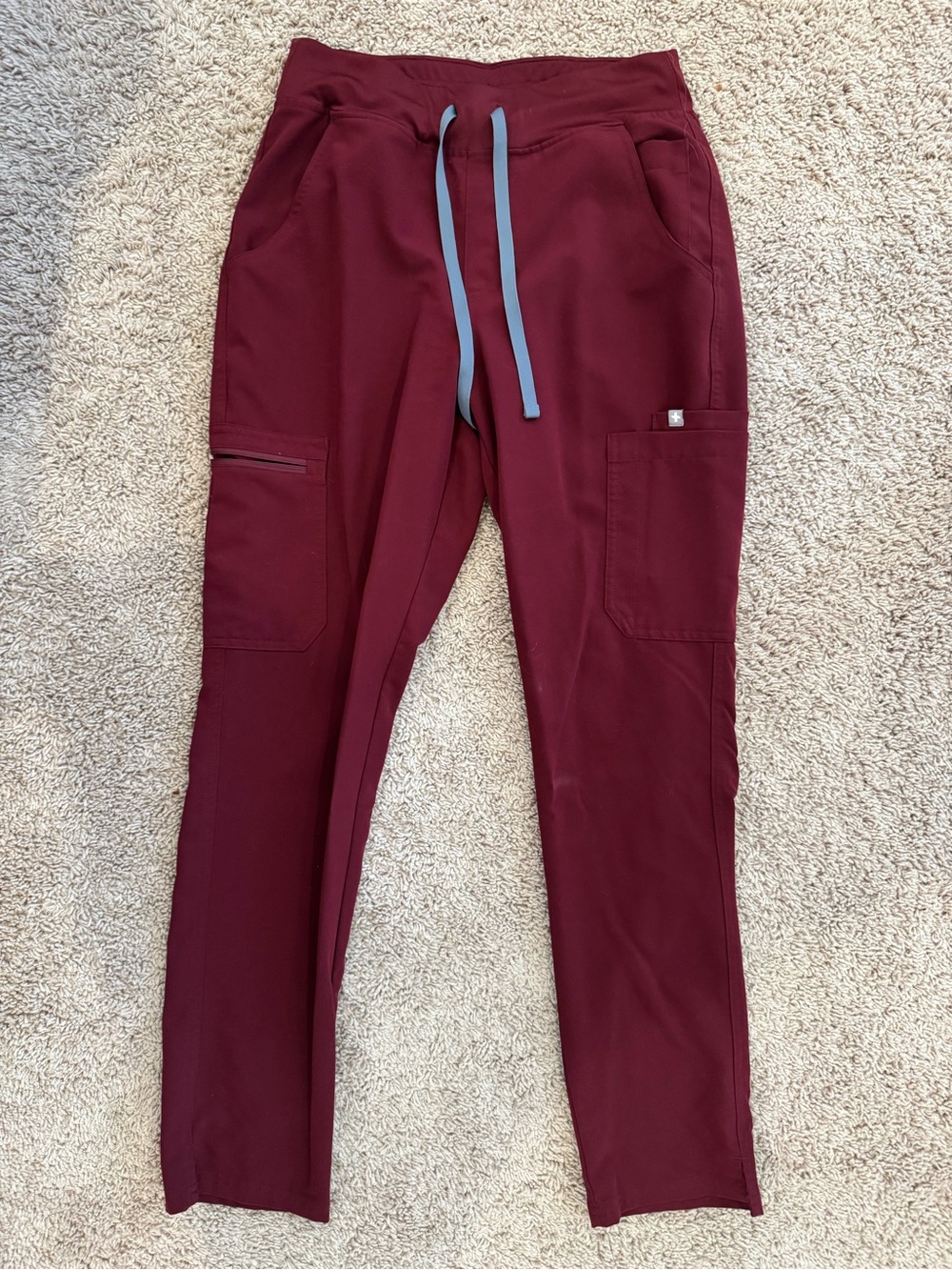 Figs Yola Waistband Scrub Pants in Burgundy with Gray Drawstrings